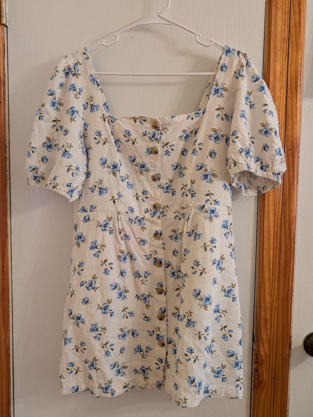 Blue Floral Puff Sleeve Mini Dress - Cream Background